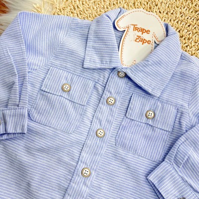 Conj. Camisa Manga Longa Listrada com Botões e Calça - Azul  e Areia